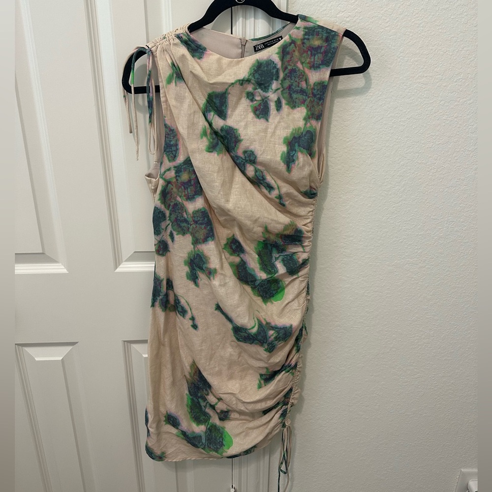 Zara Printed Linen Blend Dress Ruched Drawstring